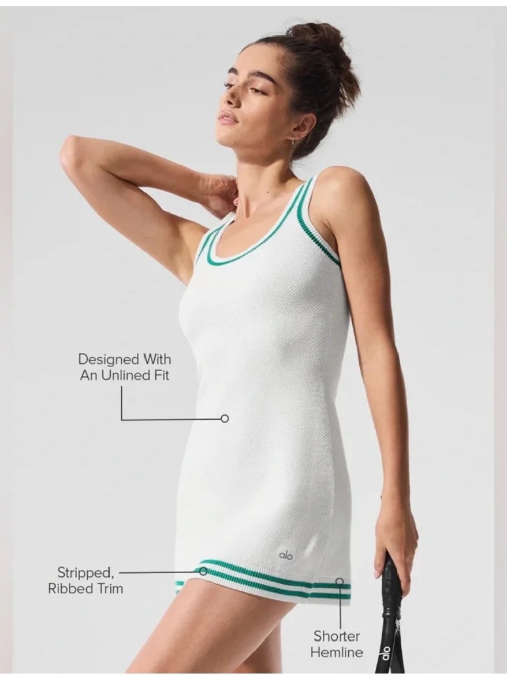 ALO Yoga White Knit Tank Dress with Green Trim